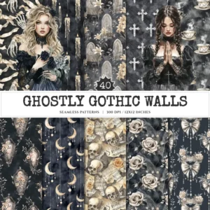 Ghostly Gothic Walls Seamless Patterns, Halloween gothic JPEG, Raven pattern, Eerie, Skull, Coffin repeating pattern,Digital scrapbook paper