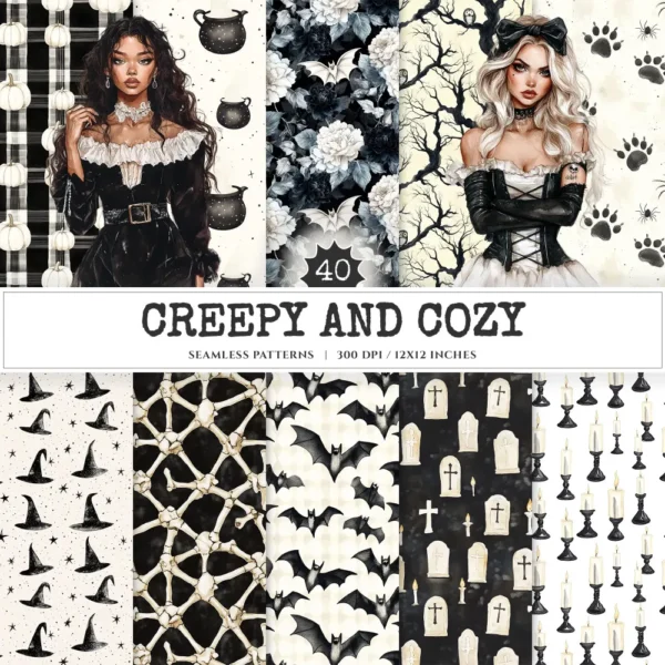 Creepy and Cozy Seamless Patterns, Autumn halloween JPEG, Skeleton pattern, Bat, Spider web, Raven repeating pattern,Digital scrapbook paper