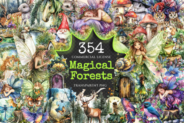 Magical Forests Watercolor Clipart Bundle - 350+ transparent PNG, Magical forest graphics, Nature images, Commercial use, Digital download