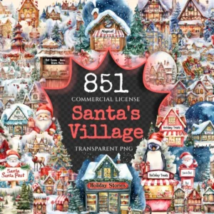 Santa's Village Watercolor Clipart Bundle - 846+ transparent PNG, Cheerful arctic holiday scenes, Xmas png, Commercial use, Digital download