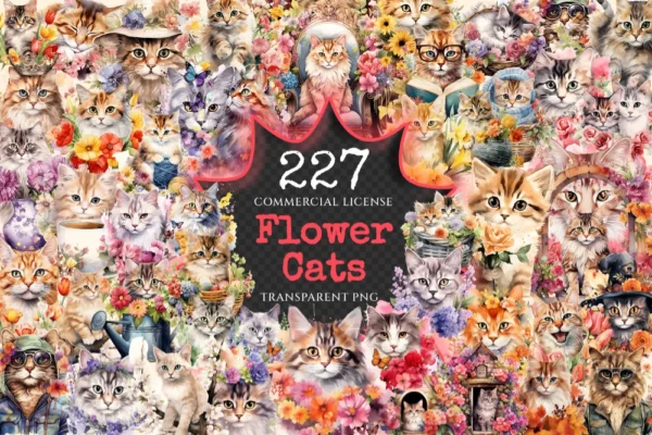Flower Cats Watercolor Clipart Bundle - 223+ transparent PNG, Charming kitten graphics, Fantasy kitten art, Commercial use, Digital download