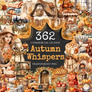 Autumn Whispers Watercolor Clipart Bundle - 360+ transparent PNG, Warm autumn graphics, Seasonal leaf png, Commercial use, Digital download