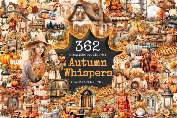 Autumn Whispers Watercolor Clipart Bundle - 360+ transparent PNG, Warm autumn graphics, Seasonal leaf png, Commercial use, Digital download