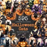 Halloween Cats Watercolor Clipart Bundle - 590+ transparent PNG, Eerie feline graphics, Enchanting kitten, Commercial use, Digital download