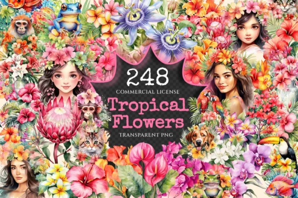 Tropical Flowers Watercolor Clipart Bundle - 245+ transparent PNG, Blooming flowers graphics, Summer png, Commercial use, Digital download