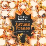 Autumn Frames Watercolor Clipart Bundle - 225+ transparent PNG, Fall flowers frame graphics, Autumn images, Commercial use, Digital download