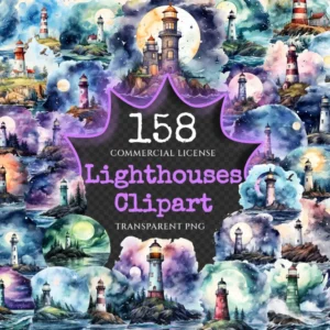 Lighthouses Watercolor Clipart Bundle - 154+ transparent PNG, Coastal views images, Seaside light Graphics, Commercial use, Digital download