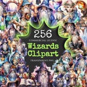 Wizards Watercolor Clipart Bundle - 250+ transparent PNG, Enchanted graphcis, Fantasy storybook images, Commercial use, Digital download
