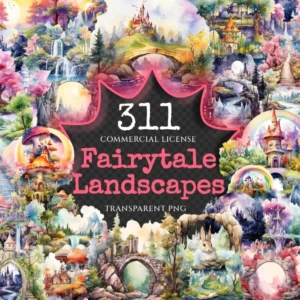 Fairytale Landscapes Watercolor Clipart Bundle - 308+ transparent PNG, Enchanting Fantasy png, Magical png, Commercial use, Digital download