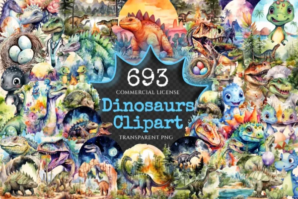 Dinosaurs Watercolor Clipart Bundle - 690+ transparent PNG, Dino graphics, Ancient dinosaur creature png, Commercial use, Digital download