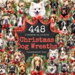 Christmas Dog Wreaths Watercolor Clipart Bundle - 445+ transparent PNG, Xmas puppy wreaths, Festive puppy, Commercial use, Digital download