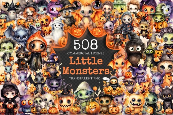 Little Monsters Watercolor Clipart Bundle - 500+ transparent PNG, Eerie graphics, Cute halloween creatures, Commercial use, Digital download