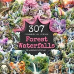 Forest Waterfalls Watercolor Clipart Bundle - 305+ transparent PNG, Cascading waterfall png, Waterfall png, Commercial use, Digital download
