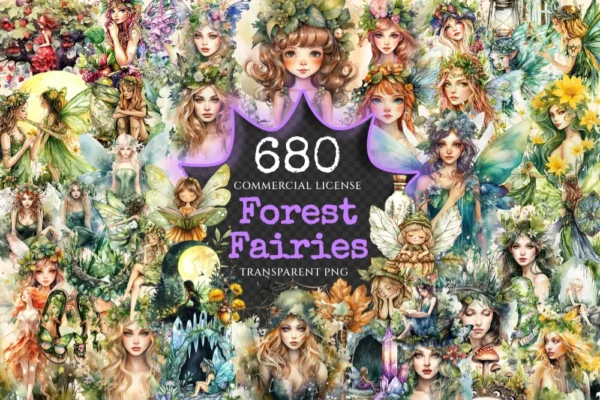 Forest Fairies Watercolor Clipart Bundle - 675+ transparent PNG, Whimsical fairy illustrations, Fairy art, Commercial use, Digital download