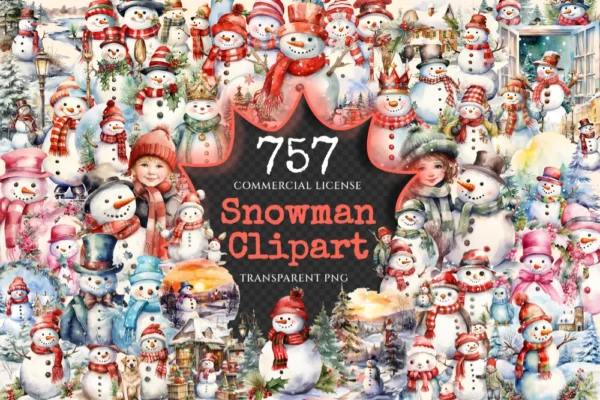 Snowman Watercolor Clipart Bundle - 755+ transparent PNG, Snowman illustrations, Delightful winter snowman, Commercial use, Digital download
