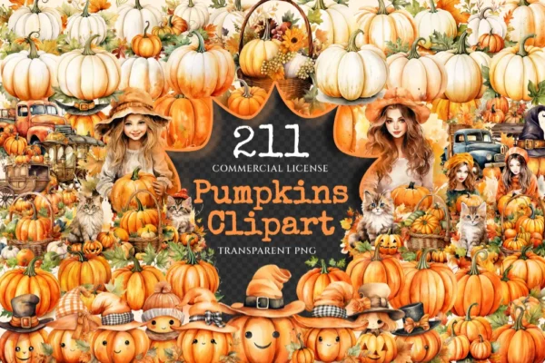 Pumpkin Watercolor Clipart Bundle - 205+ transparent PNG, Autumn pumpkin illustrations, Halloween art png, Commercial use, Digital download