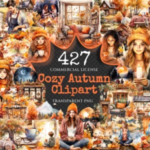 Cozy Autumn Watercolor Clipart Bundle - 425+ transparent PNG, Cozy seasonal reading graphics, Bookworm png, Commercial use, Digital download