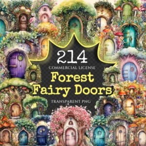Forest Fairy Doors Watercolor Clipart Bundle - 210+ transparent PNG, Whimsical storybook png, Forest doors, Commercial use, Digital download