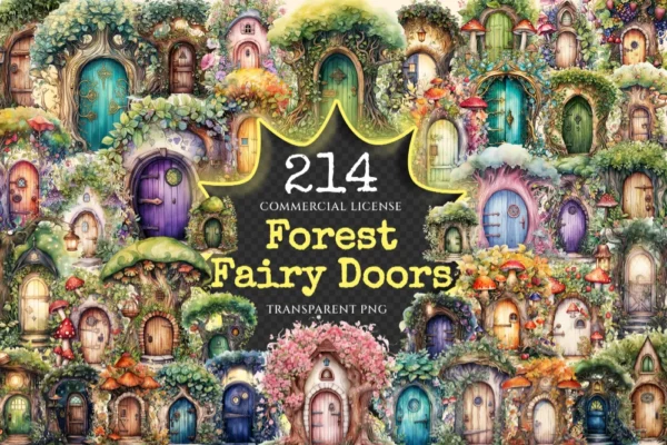 Forest Fairy Doors Watercolor Clipart Bundle - 210+ transparent PNG, Whimsical storybook png, Forest doors, Commercial use, Digital download