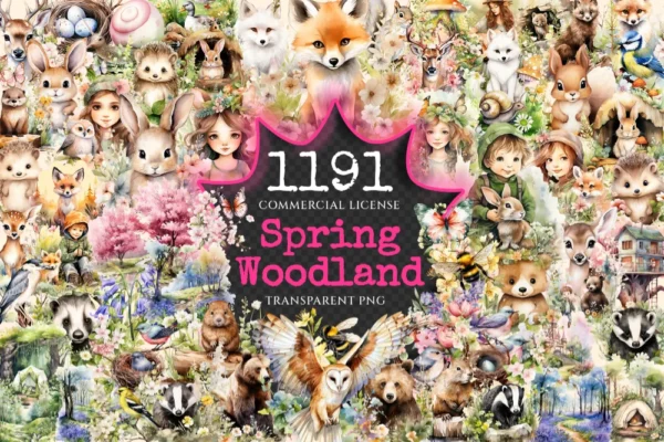 Spring Woodland Watercolor Clipart Bundle - 1185+ transparent PNG, Spring forest graphics, Warm nature png, Commercial use, Digital download