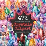 Crystals Watercolor Clipart Bundle - 470+ transparent PNG, Crystal illustrations, Enchanted gem graphics, Commercial use, Digital download