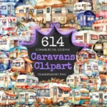 Caravans Watercolor Clipart Bundle - 610+ transparent PNG, Adventure camper illustrations, Mobile home png, Commercial use, Digital download
