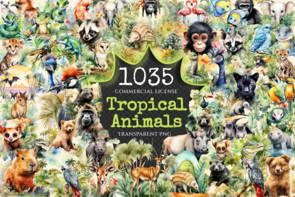 Tropical Animals Watercolor Clipart Bundle - 1030+ transparent PNG, Wild animal illustrations, Jungle png, Commercial use, Digital download