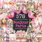 Bonjour Paris Watercolor Clipart Bundle - 575+ transparent PNG, Pink paris graphics, French illustrations, Commercial use, Digital download