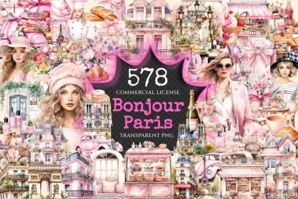 Bonjour Paris Watercolor Clipart Bundle - 575+ transparent PNG, Pink paris graphics, French illustrations, Commercial use, Digital download