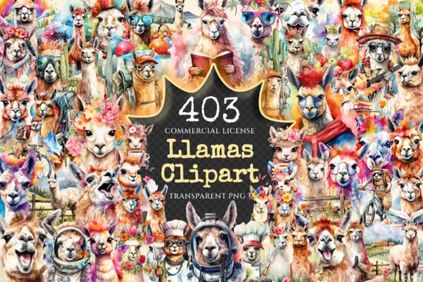 Llamas Watercolor Clipart Bundle - 400+ transparent PNG, Charming alpaca illustrations, Cyte llama images, Commercial use, Digital download