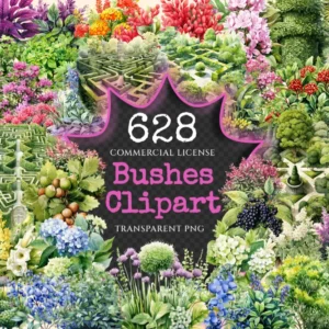 Bushes Watercolor Clipart Bundle - 625+ transparent PNG, Vibrant garden shrub graphics, Lush foliage png, Commercial use, Digital download