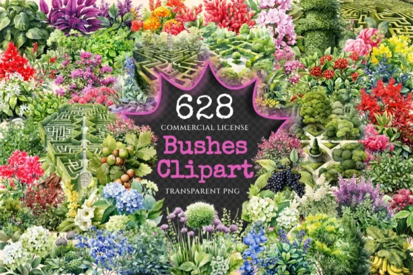 Bushes Watercolor Clipart Bundle - 625+ transparent PNG, Vibrant garden shrub graphics, Lush foliage png, Commercial use, Digital download