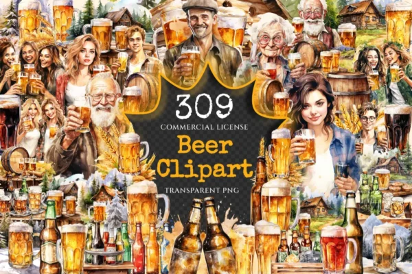 Beer Watercolor Clipart Bundle - 305+ transparent PNG, Craft beer illustrations, Lager and ale png images, Commercial use, Digital download