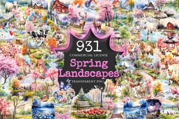 Spring Landscapes Watercolor Clipart Bundle - 927+ transparent PNG, Beautiful landscape images, Nature png, Commercial use, Digital download