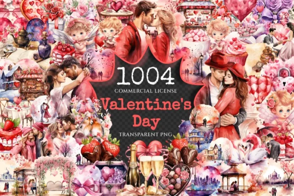 Valentine's Day Watercolor Clipart Bundle - 1000+ transparent PNG, Charming heart illustrations, Love png, Commercial use, Digital download