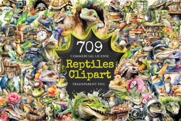 Reptiles Watercolor Clipart Bundle - 705+ transparent PNG, Lizard beast illustrations, Textured reptile png, Commercial use,Digital download