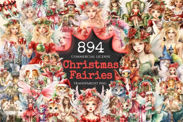Christmas Fairies Watercolor Clipart Bundle - 890+ transparent PNG, Enchanting holiday graphics, Magic png, Commercial use, Digital download