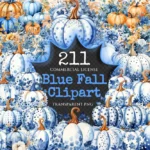 Blue Fall Watercolor Clipart Bundle - 205+ transparent PNG, Autumn harvest graphics, Rustic pumpkin floral, Commercial use, Digital download