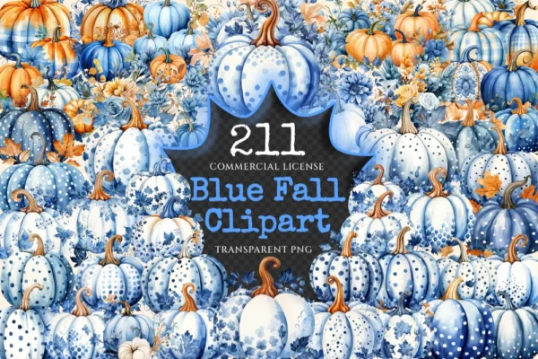 Blue Fall Watercolor Clipart Bundle - 205+ transparent PNG, Autumn harvest graphics, Rustic pumpkin floral, Commercial use, Digital download