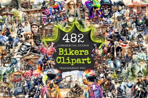 Bikers Watercolor Clipart Bundle - 480+ transparent PNG, Road warrior enthusiast illustrations, Motorbike, Commercial use, Digital download