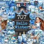 Hello Winter Watercolor Clipart Bundle - 700+ transparent PNG, Cozy winter graphics, Frosty blue holiday, Commercial use, Digital download