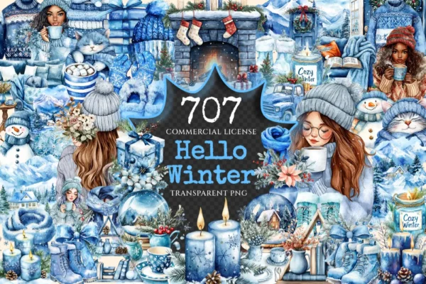 Hello Winter Watercolor Clipart Bundle - 700+ transparent PNG, Cozy winter graphics, Frosty blue holiday, Commercial use, Digital download