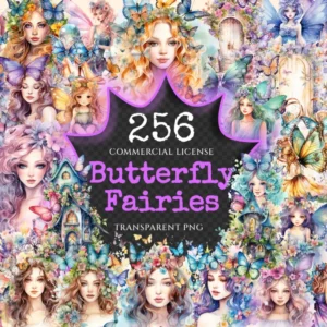 Butterfly Fairies Watercolor Clipart Bundle - 252+ transparent PNG, Enchanting fantasy png, Cute storybook, Commercial use, Digital download