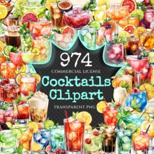 Cocktail Watercolor Clipart Bundle - 970+ transparent PNG, Celebration drinks graphics, Champagne clipart, Commercial use, Digital download