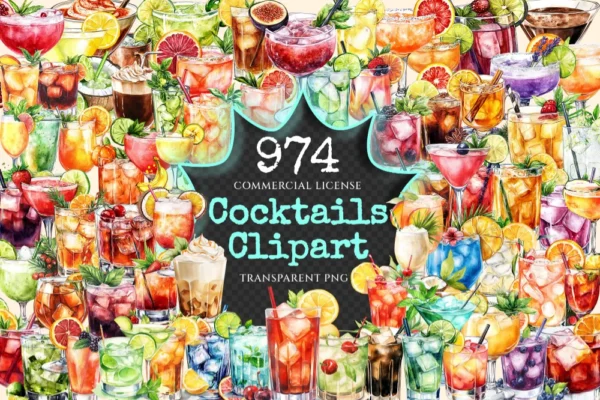 Cocktail Watercolor Clipart Bundle - 970+ transparent PNG, Celebration drinks graphics, Champagne clipart, Commercial use, Digital download