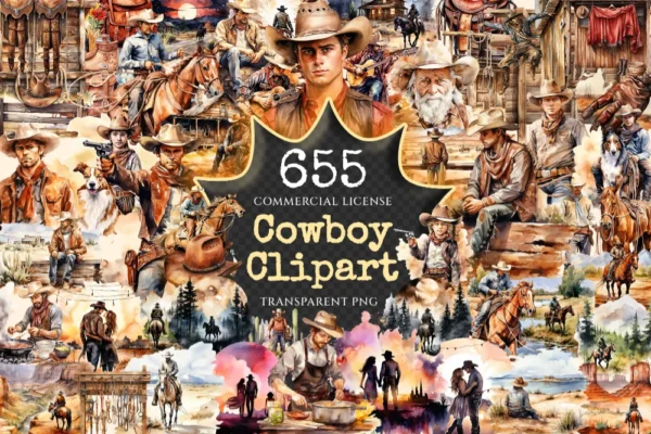 Cowboy Watercolor Clipart Bundle - 650+ transparent PNG, Frontier cowboy illustrations, Wild west rodeo, Commercial use, Digital download