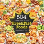 Breakfast Foods Watercolor Clipart Bundle - 500+ transparent PNG, Breakfast plate graphics, Early meal png, Commercial use, Digital download