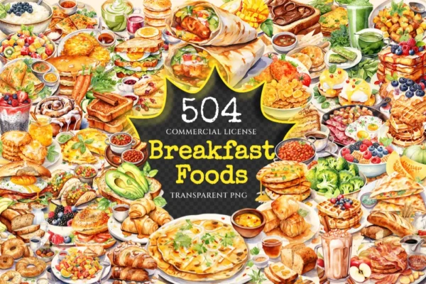 Breakfast Foods Watercolor Clipart Bundle - 500+ transparent PNG, Breakfast plate graphics, Early meal png, Commercial use, Digital download