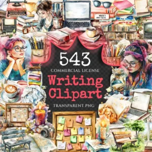 Writing Watercolor Clipart Bundle - 540+ transparent PNG, Writing tools illustrations, Composition images, Commercial use, Digital download