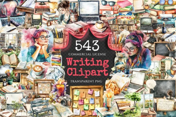 Writing Watercolor Clipart Bundle - 540+ transparent PNG, Writing tools illustrations, Composition images, Commercial use, Digital download